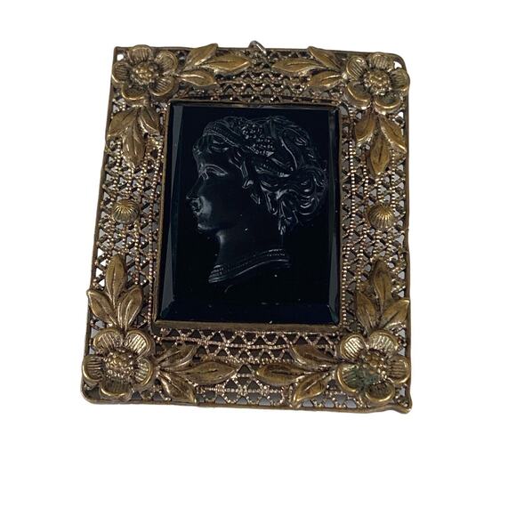 Czecho Black Glass Mourning Cameo Filigree Pin Brooch Pendant Vintage Antique? - Picture 2 of 13